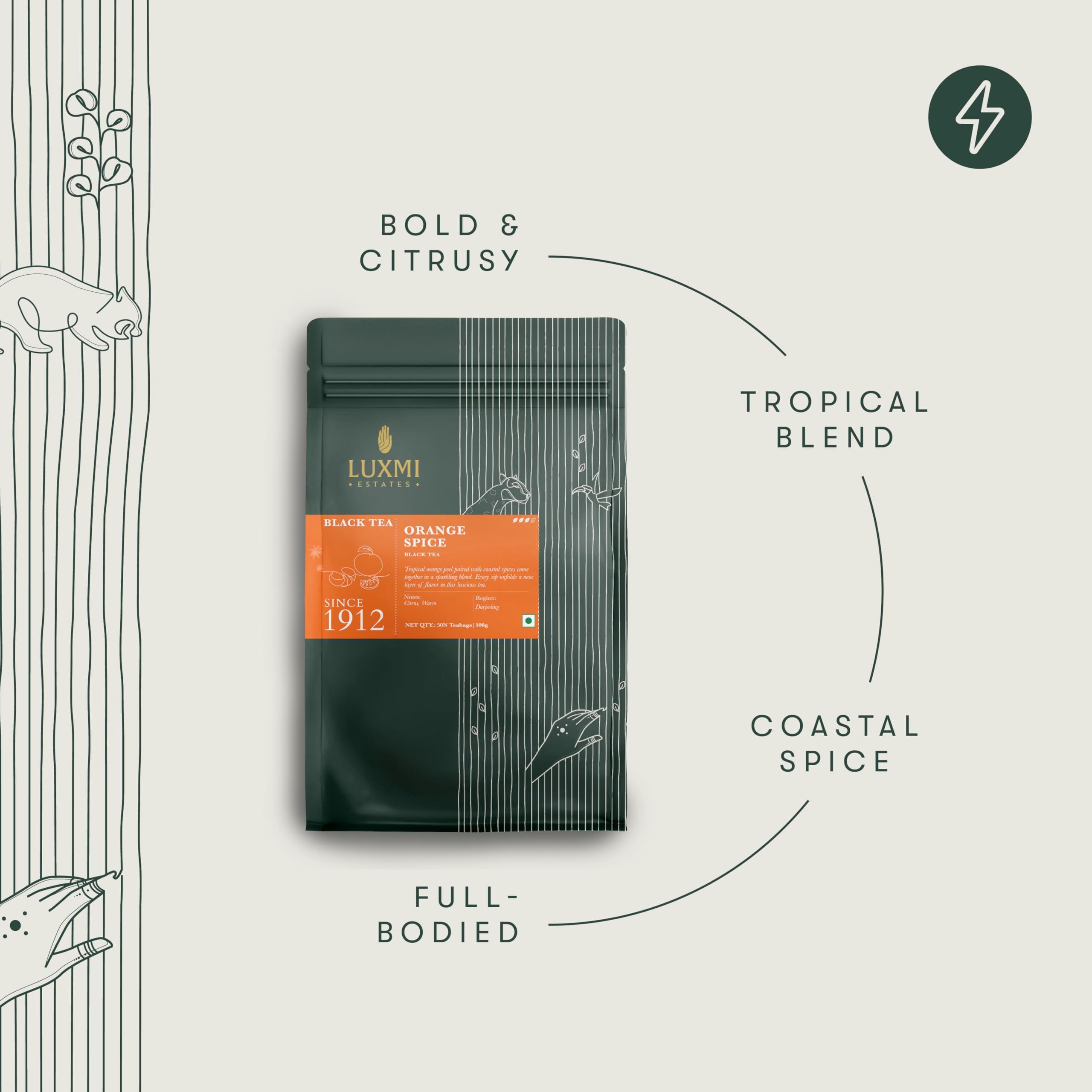 Luxmi Estates Orange Spice Darjeeling Black Tea for Caffeinated Morning Boost Natural Energy | 50 Biodegradable Teabags (50 cups)