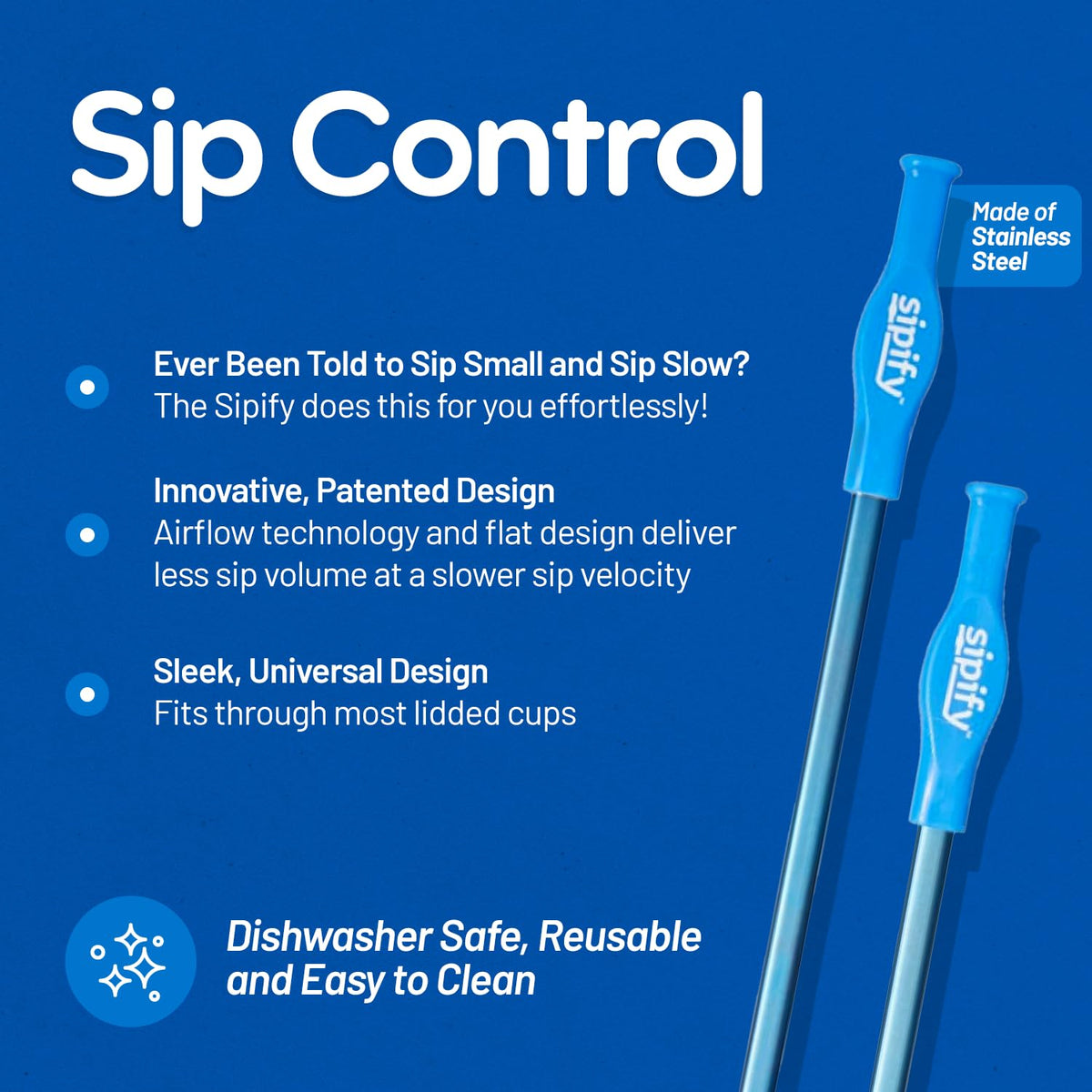 Sipify Flow-Limiting Dysphagia Straw for Safe Drinking | Aerating Straw for Elderly & Dysphagia Patients | Reusable Stainless Steel Straw with Soft Silicone Tip | Dishwasher Safe | 2 Pack