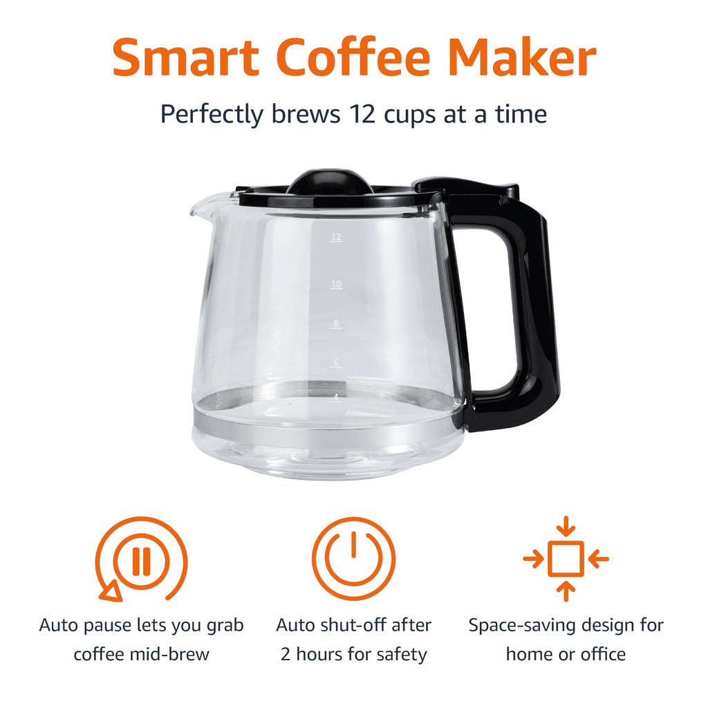 12 Cup Drip Coffee Maker with Glass Carafe (1.9 Qt), Auto Shut-off, Auto Pause, Removable Filter Basket, Black & Silver