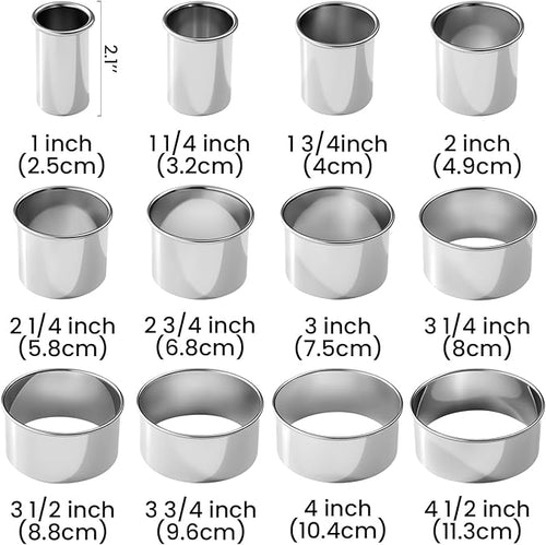 12 Pcs 304 Stainless Steel Biscuit Cutter Set, Round Cookie Cutters for Baking (1/2/3/4/5'') with PP Storage Box, Dough Pastry Cake Circle Cutting Ring Molds, Non-Rust Double Thickness & 2.1‘’ High