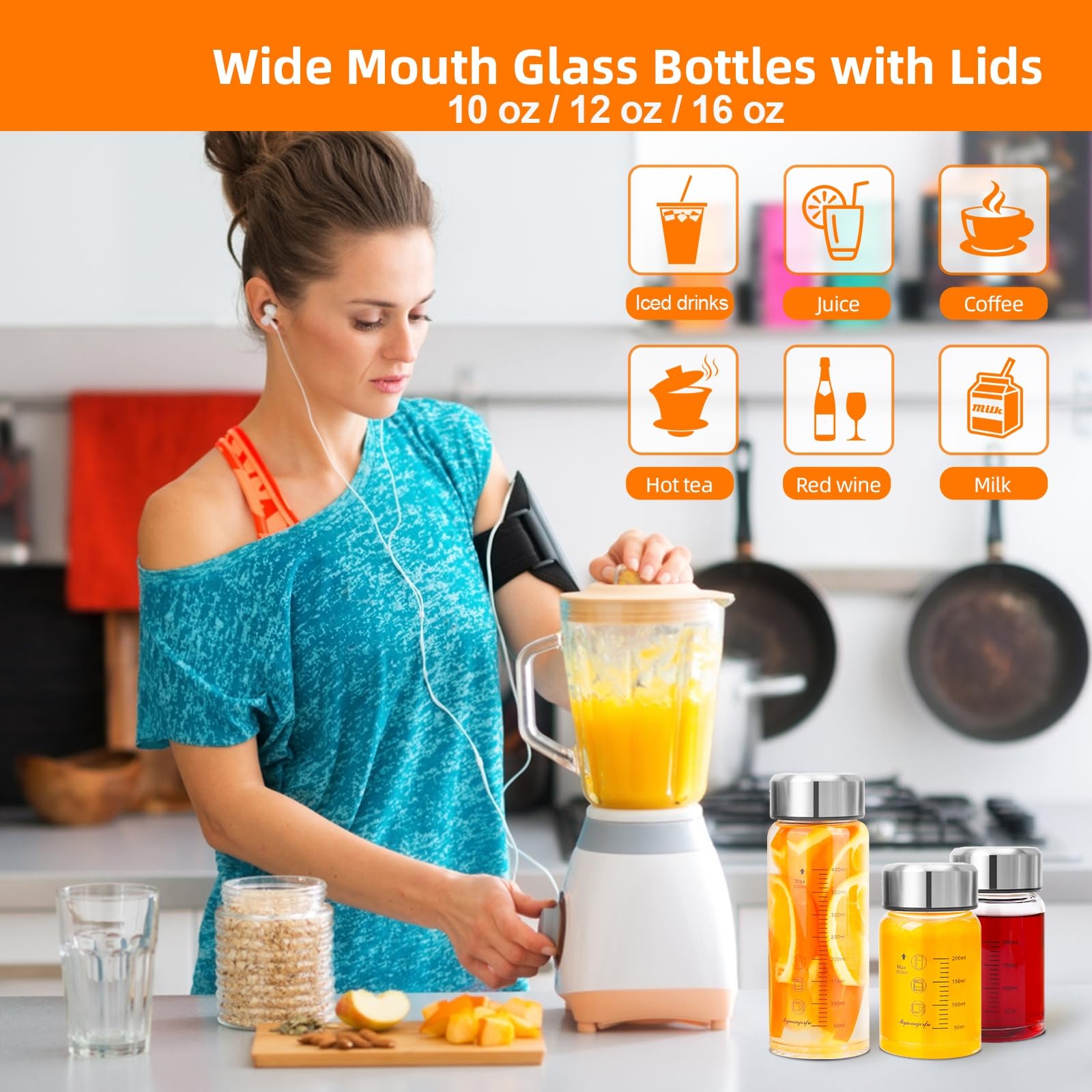 Glass Juice Bottles 6 Pack 20 oz - Wide Mouth Glass Water Bottles with Lids - for Juicing, Smoothies, Milk, Protein, BPA Free, Reusable, Stainless Steel Lids, Leak Proof, Shaker bottle (600 ml)