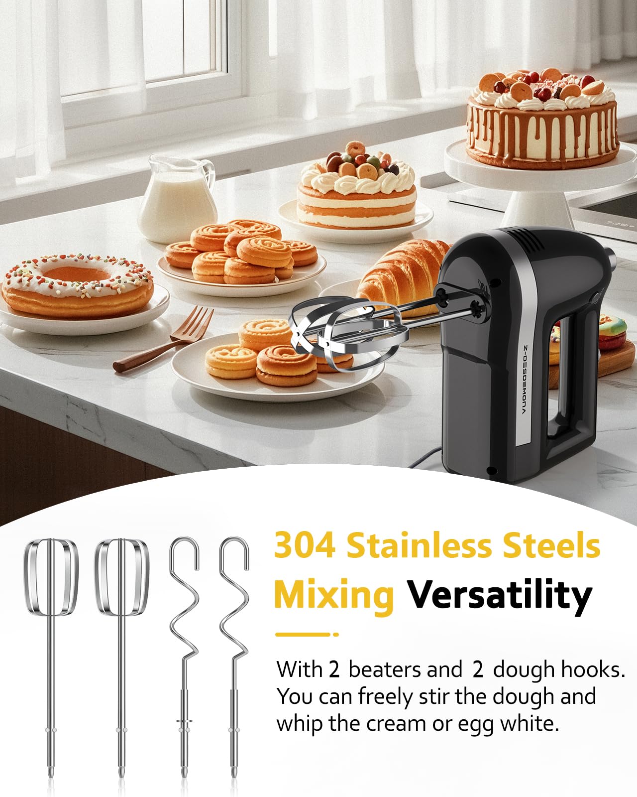 Z-DESDEMONA Electric Hand Mixer, Powerful Hand Mixer Electric Handheld with 304 Beaters, Dough Hook, Whisk, Hand Held Mixer with Turbo for Baking Cakes, Eggs, Cream Food(Black)
