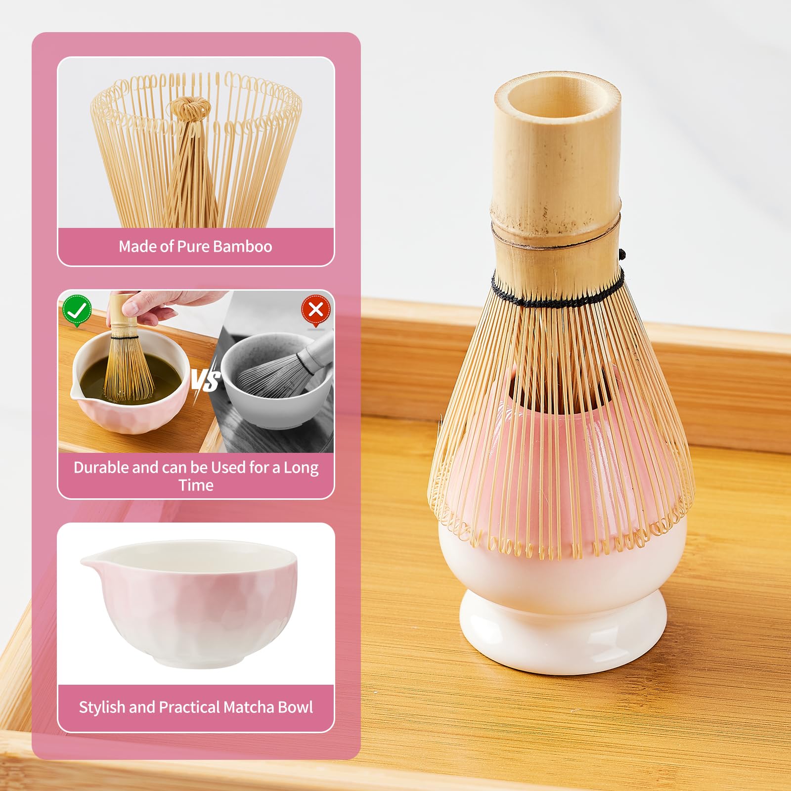 7 Pcs Matcha Whisk Set, Matcha Set Pink,Matcha Kit,Matcha Tea Set,Matcha Bowl Set with Pink Cat Scoop Holder, Tea Cloth, Sifter(Gradient Pink)