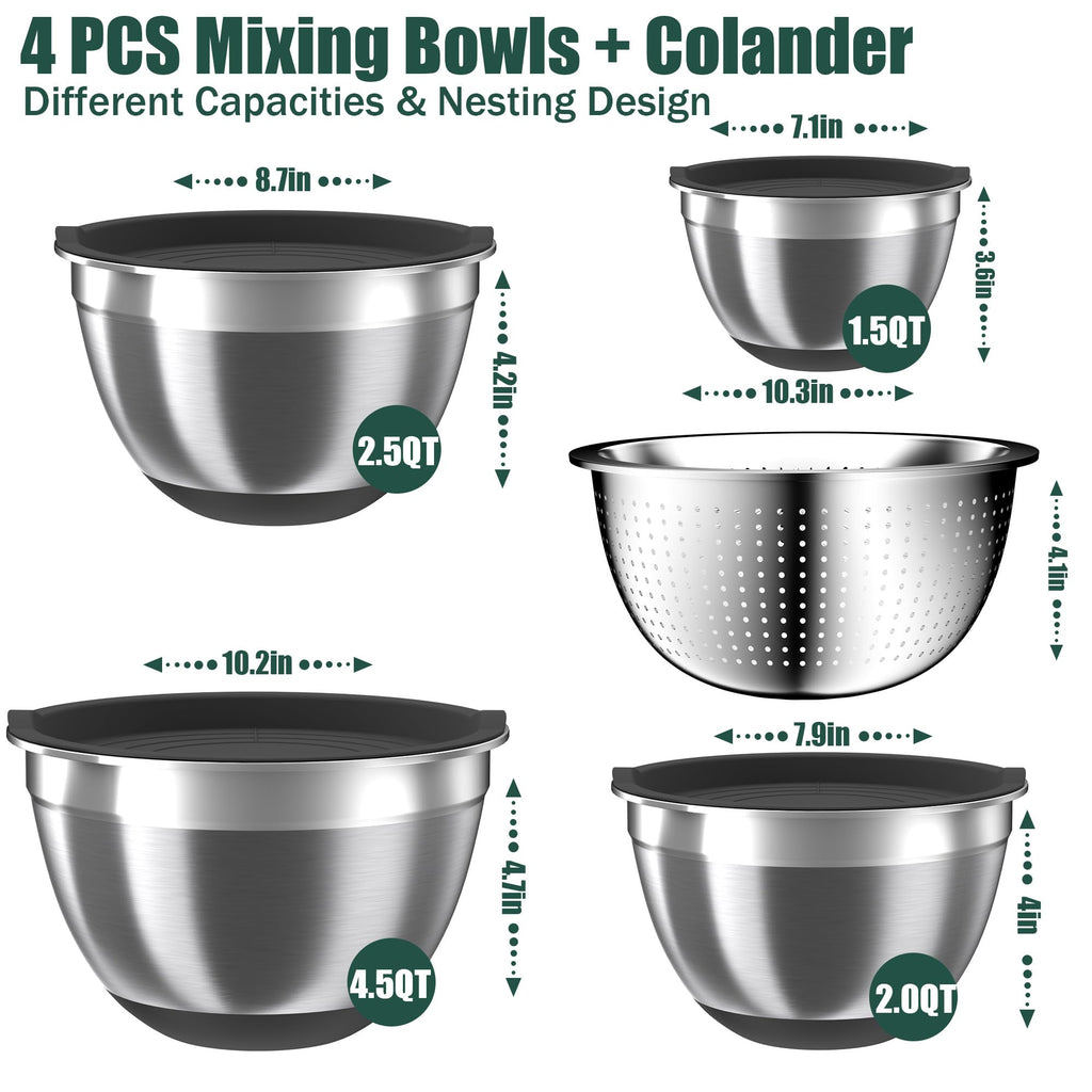 Mixing Bowls with Airtight Lids Set, 4 Stainless Steel Bowls Nesting Bowls & Colander, Kitchen Organizers and Storage Non-Slip Bottom, Size 1.5/2.0/2.5/4.5QT, Great for Mixing & Serving, Black