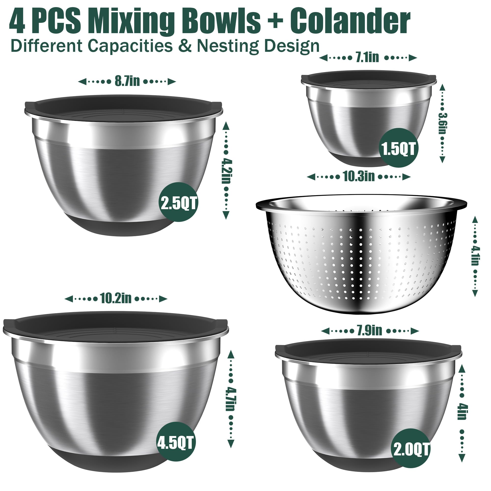 Mixing Bowls with Airtight Lids Set, 4 Stainless Steel Bowls Nesting Bowls & Colander, Kitchen Organizers and Storage Non-Slip Bottom, Size 1.5/2.0/2.5/4.5QT, Great for Mixing & Serving, Black