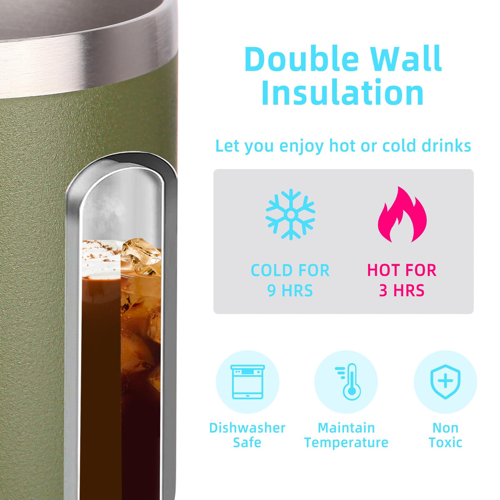 Volhoply 14oz Insulated Stainless Steel Coffee Mug with Leakproof Lid,Double Wall Vacuum Travel Coffee Cup with Handle,Reusable Cups Tumbler,Camping Mugs Keep Hot,Ideal Gifts(Army Green,1)