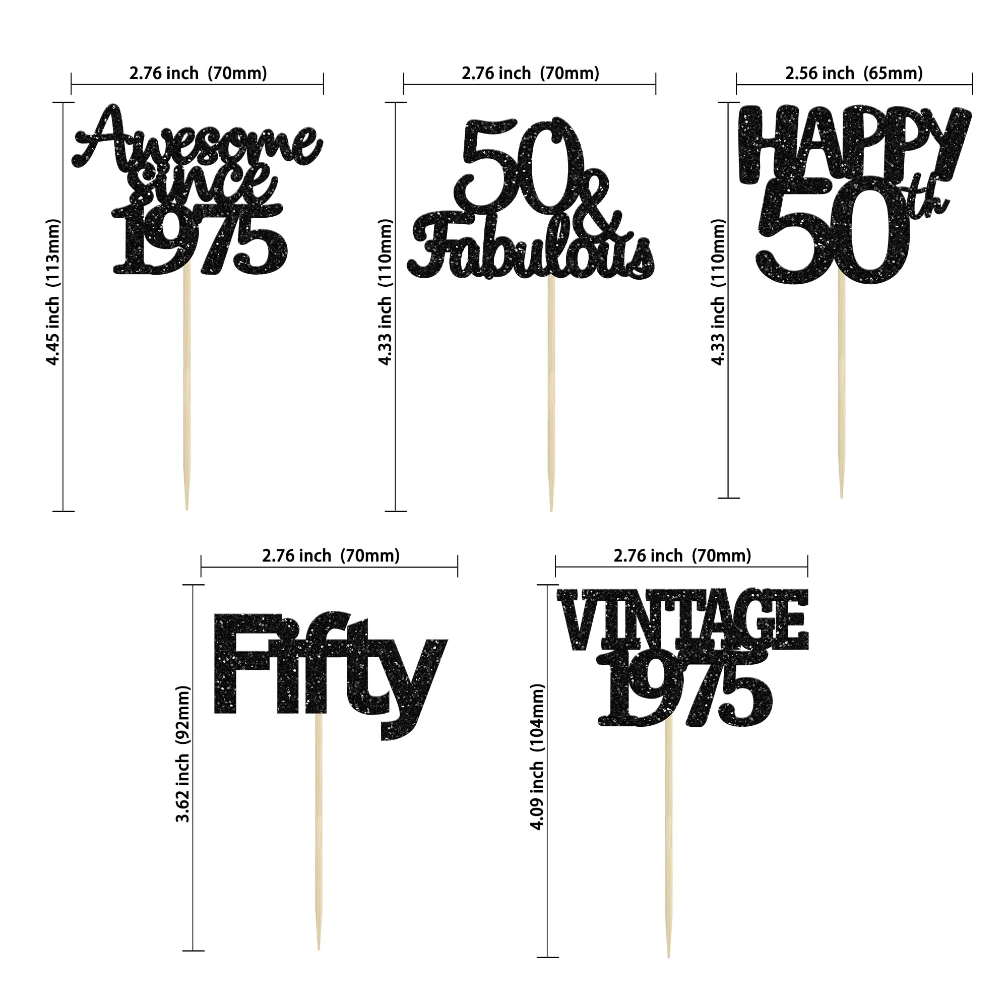 Gyufise 30Pcs Vintage 1975 Cupcake Toppers 50th Birthday Cake Decorations Cheers to 50 Fabulous Fifty Cupcake Picks 50th Birthday Wedding Anniversary Party Cake Decorations Supplies Black