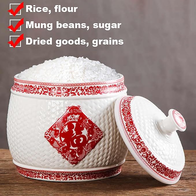 Traditional Chinese Style Large-Capacity Rice Pot, Ceramic Rice Bucket With Tassel Design, Airtight Storage Container For Rice, Grain, Snacks, Dry Foods