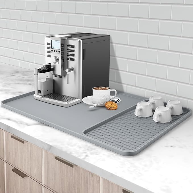 Silicone Coffee Mat,16''x16'' Coffee Bar Mat with Detachable Dish Drying Mat for Kitchen Countertops,Coffee Bar Accessories Fit Under Coffee Maker Coffee Machine Coffee Pot Espresso Machine Dish Rack