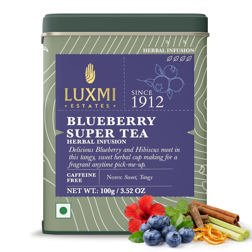 Luxmi Estates Blueberry Super Herbal Tea | Loose Leaf in Resealable Tin Caddy, 100g (3.5oz, ~50 Cups) | Caffeine-Free Fruit Herbal Infusion with Real Blueberry Bits, Hibiscus, Rosehips, Lemongrass, Orange Peel, Licorice, Lemon Balm & Cinnamon