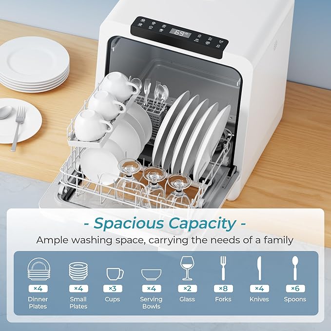 EUHOMY Portable Dishwasher Countertop Dishwashers, 8 Programs Mini Dishwasher, 5L Built-in Water Tank and Inlet hose, Self Clean, Baby Care, Air Dry Function, for Apartments & RVs, No Hookup Needed