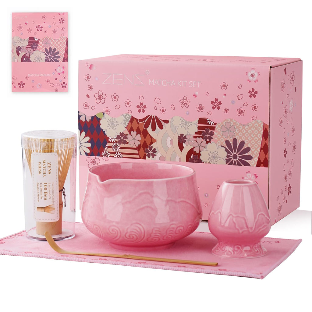 ZENS Pink Matcha Set, Matcha Whisk Set Includes Ceramic Bowl, Matcha Whisk and Chasen Holder, Bamboo Scoop-Tea Towel, 5pcs Matcha Kit Set for Matcha Lovers, Sakura Pink