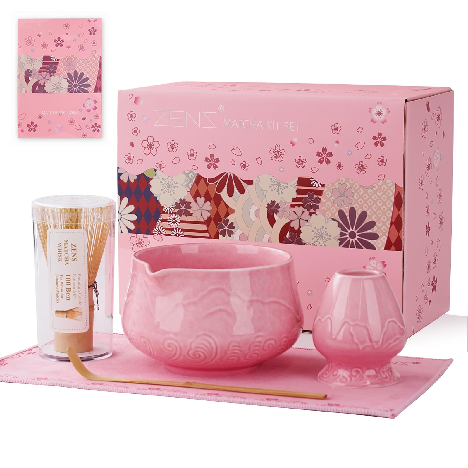 ZENS Pink Matcha Set, Matcha Whisk Set Includes Ceramic Bowl, Matcha Whisk and Chasen Holder, Bamboo Scoop-Tea Towel, 5pcs Matcha Kit Set for Matcha Lovers, Sakura Pink