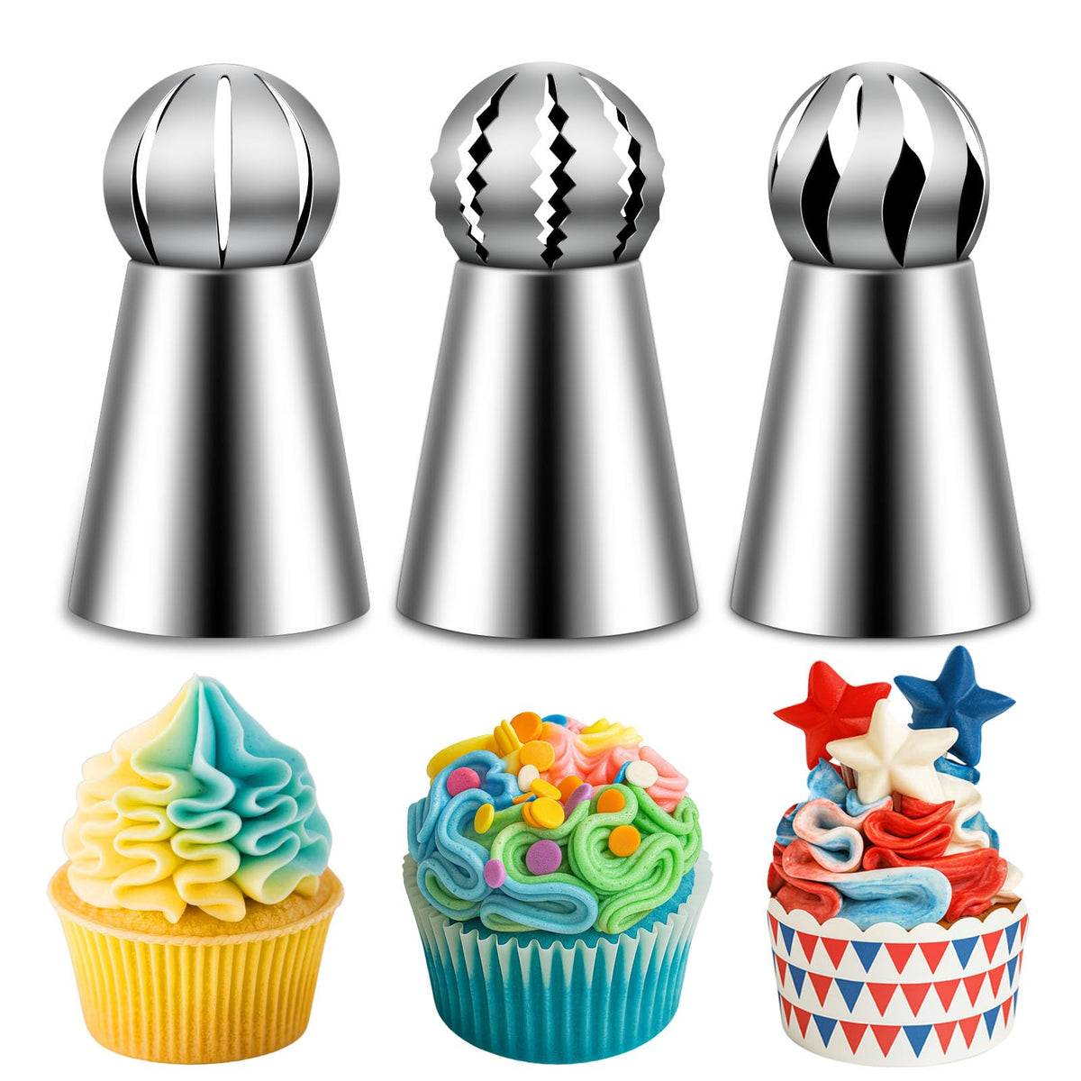 Suuker Ball Russian Piping Tips, 3 Pieces, Stainless Steel