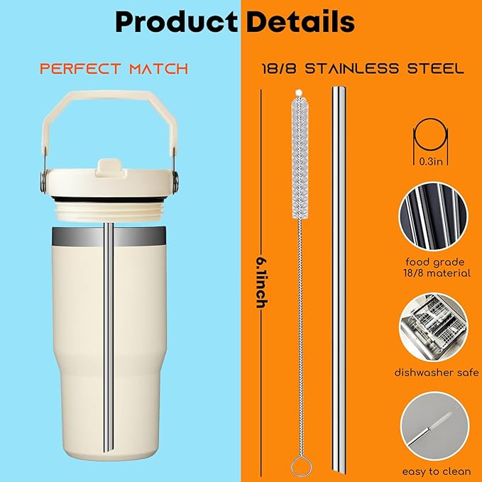 ALINK Stainless Steel Straws Compatible with Stanley Iceflow 20oz Flip Tumbler, 6 Pack Reusable Metal Straws for Stanley Ice Flow 20oz Cup Lid Only, Plus Straw Cleaner Brush