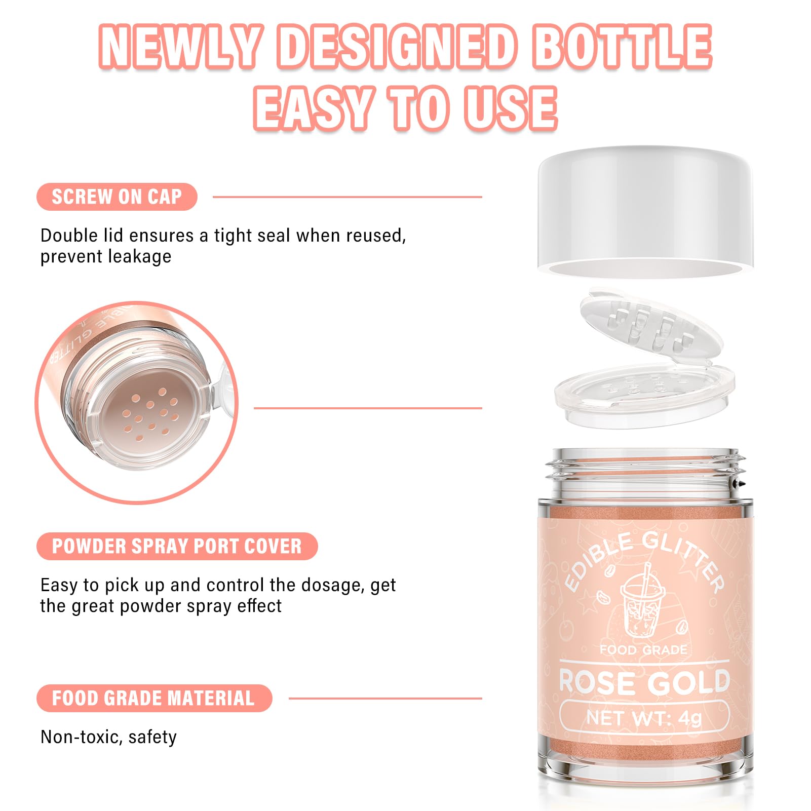 Cherrysea Edible Glitter for Drinks Cocktails Food Grade Edible Drink Shimmer Powder for DIY Champagne Beverages Wine 2 Colors Vegan Edible Luster Dust Set 4g/Bottle Gluten Free - Rosegold & Gold