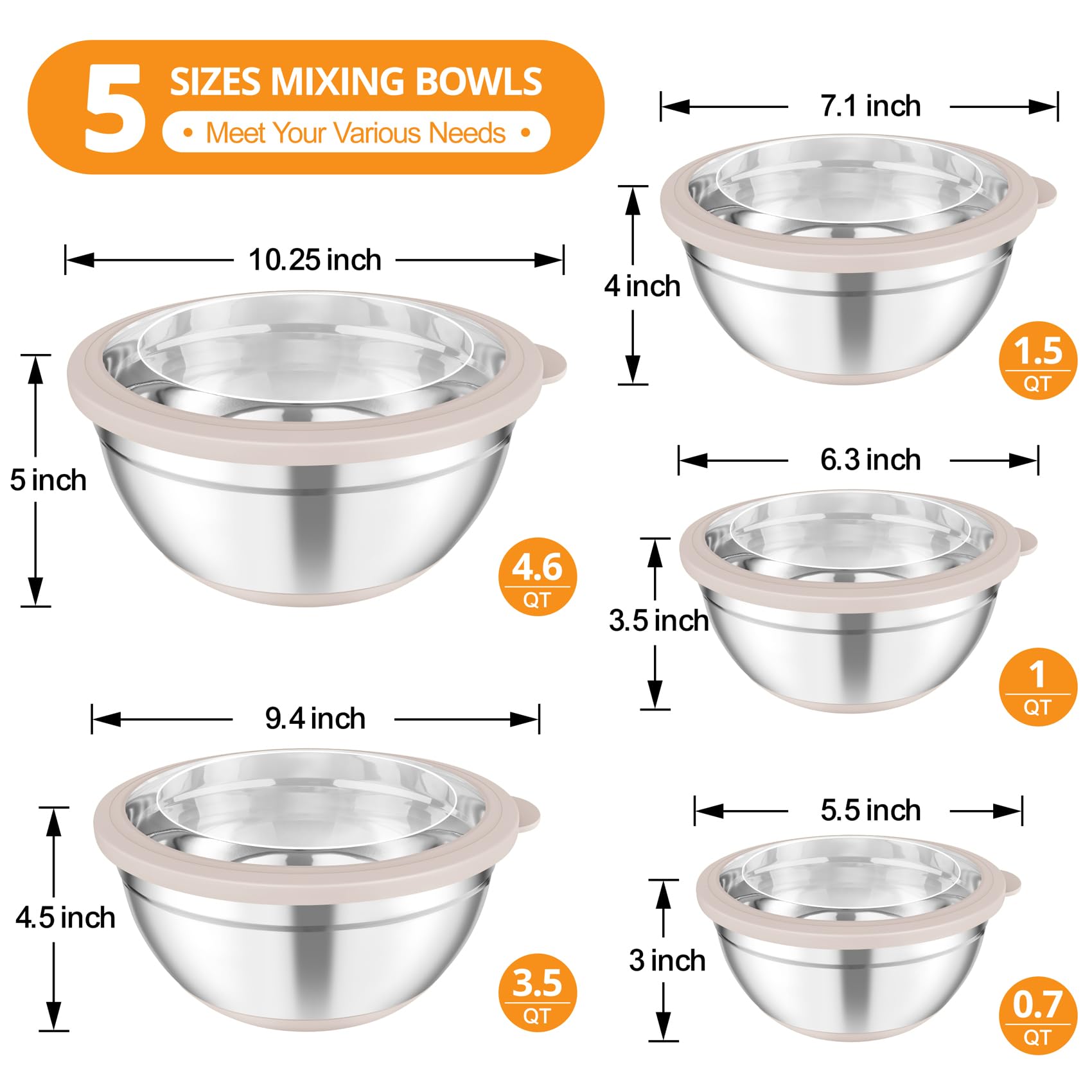 TeamFar Mixing Bowls, Salad Bowls with Transparent Airtight Lids, Khaki