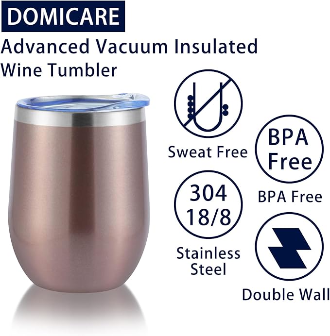 DOMICARE Stainless Steel Wine Tumbler Bulk with Lid, Personalized Rose Gold Insulated Tumblers Set, 12oz Travel Coffee Cups Pack of 8