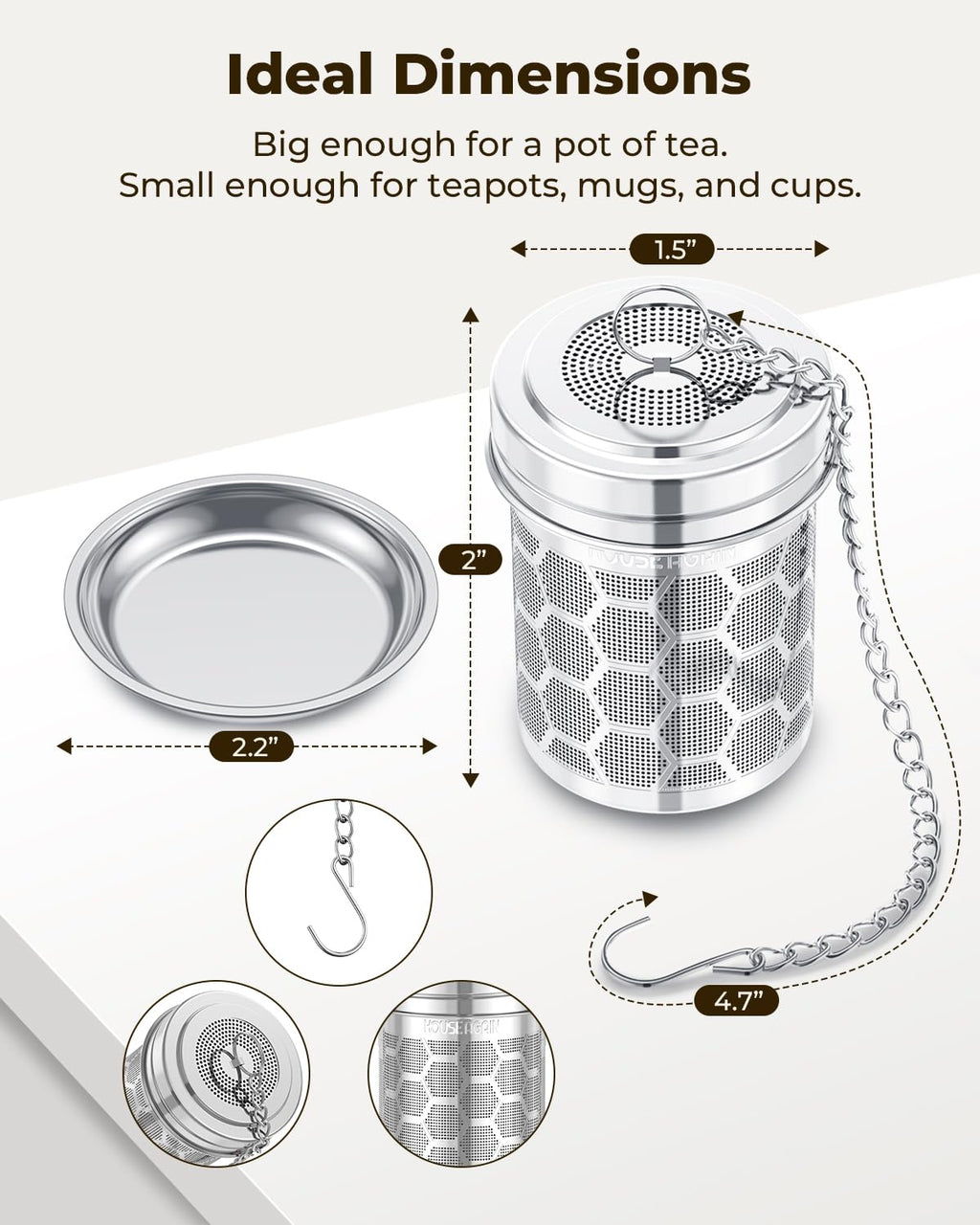 House Again 2 Pack Tea Strainers for Loose Tea, Extra Fine Mesh Tea Infuser, 304 Stainless Steel with Chain Hook, Loose Leaf Tea Steeper for Brew Tea Spices & Seasonings, Geometric Design
