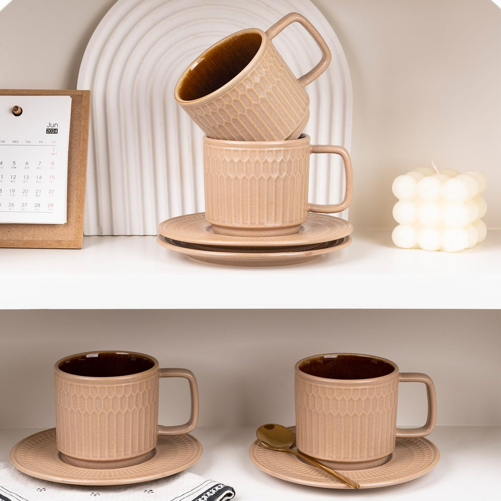 WHITEPEONY 8oz Cappuccino Cups with Saucers Set of 4, 8 Ounce Stackable Embossed Ceramic Coffee Mugs for Specialty Coffee Drinks, Latte Mugs, Cafe Mocha and Tea, Dishwasher & Microwave Safe (Brown)