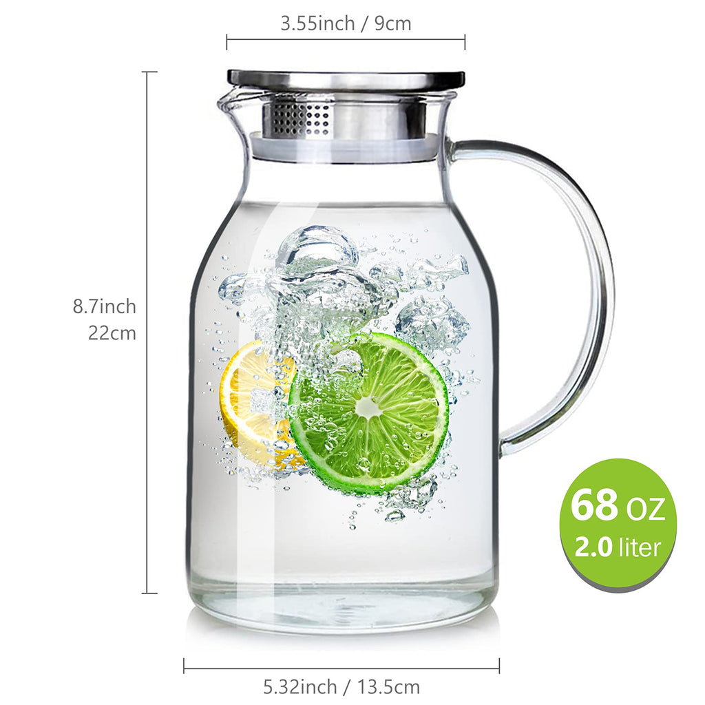 Abdodar 68oz Glass Pitcher with Lid and Handle - High Heat Resistance Glass Water Pitcher for Hot/Cold Water & Iced Tea (2.0L)