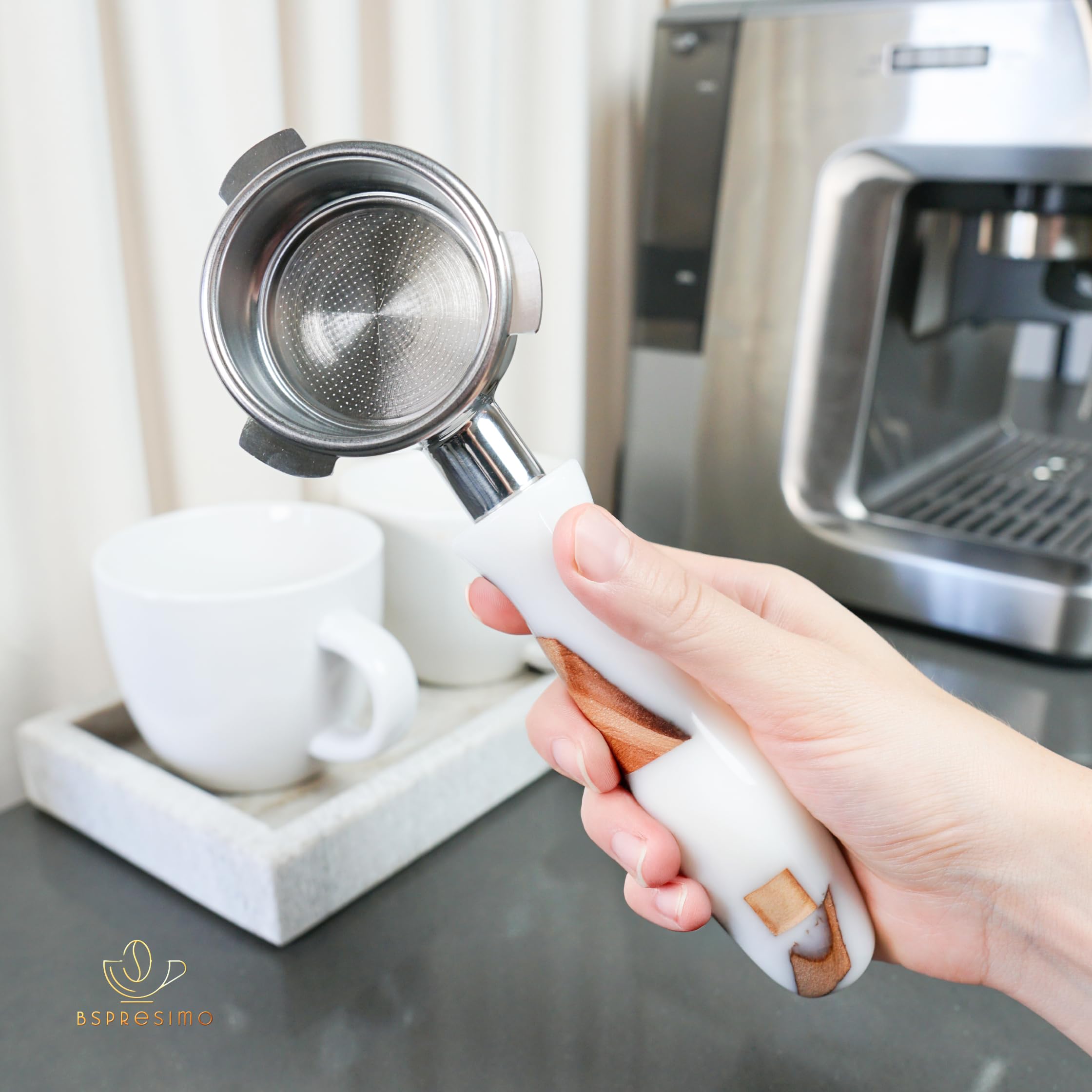 Bspresimo 54mm Bottomless Portafilter Modern Handle – Includes Stainless Steel Naked Basket – Fits Breville Barista Express & 54mm Breville Espresso Machines - Espresso Machine Accessories – White
