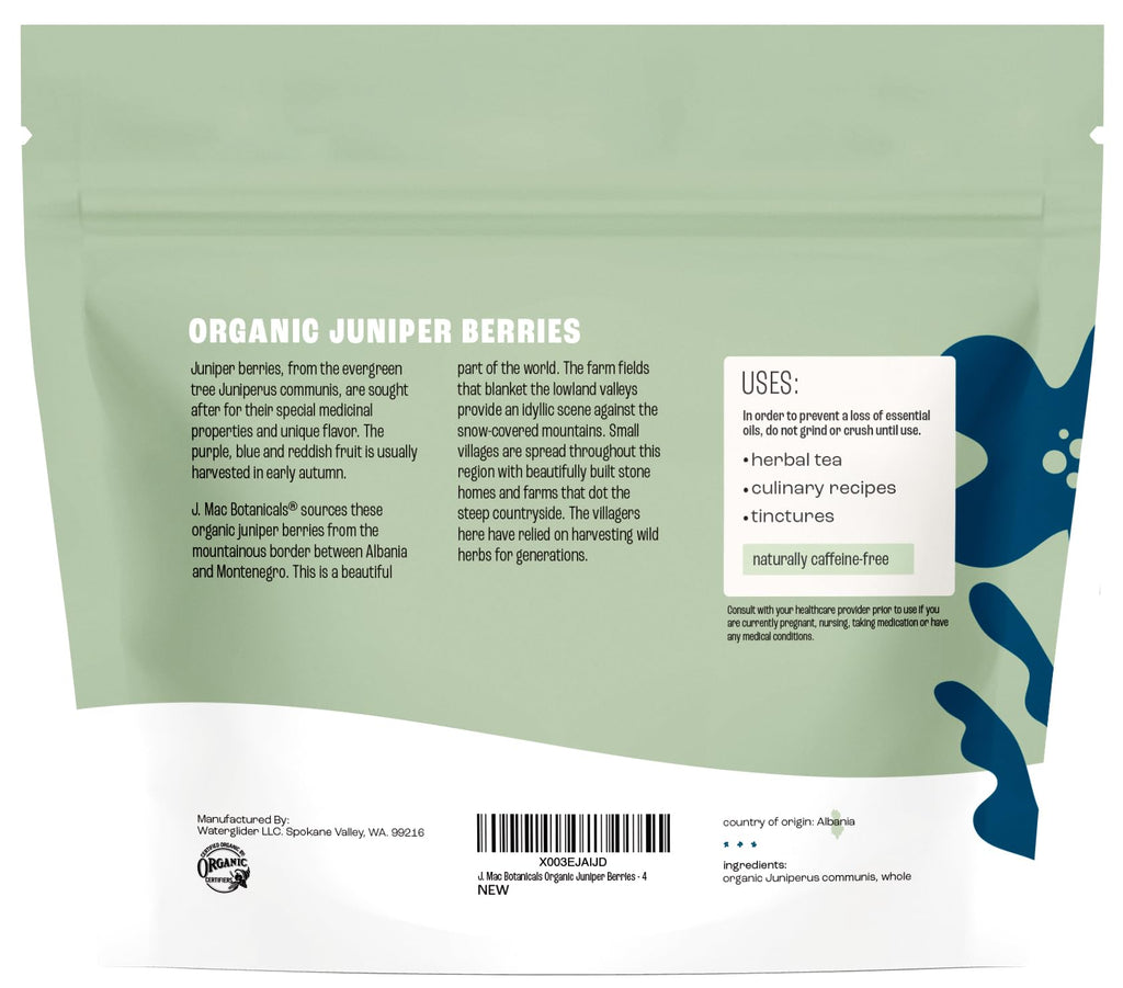 J MAC BOTANICALS, Organic Whole Juniper Berries, Certified Organic, juniper for herbal infusions, cooking and seasoning beef, pork, turkey brine, soups, syrups, cocktail bombs (4 oz)