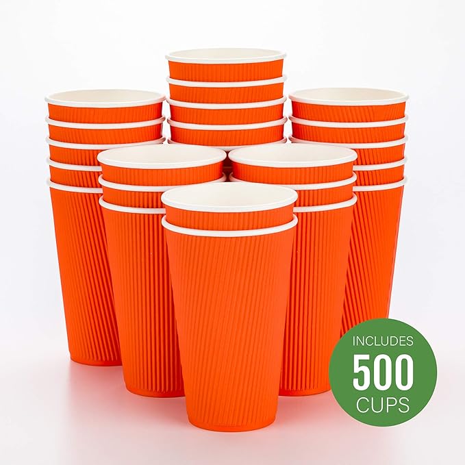 Restaurantware 16 Ounce Ripple Wall Disposable Coffee Cups, 500 Insulated Orange Paper Tumblers, Rolled Rim Design, Lids Sold Separately for Hot Drinks like Tea, Hot Chocolate and More