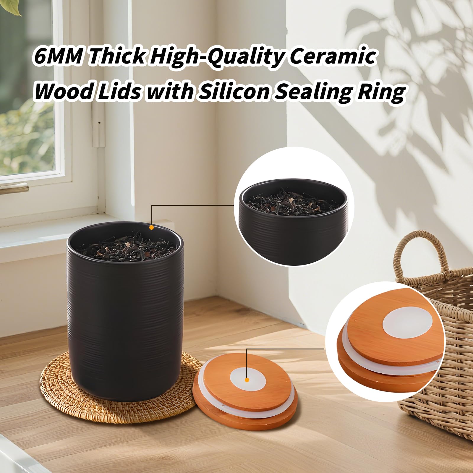 Food Storage Jar Strong Ceramic Storage Canisters with Airtight Wooden Lid,Kitchen Storage Containers for Serving Coffee Beans, Tea, Sugar, Salt, Spices (Medium black 27oz)