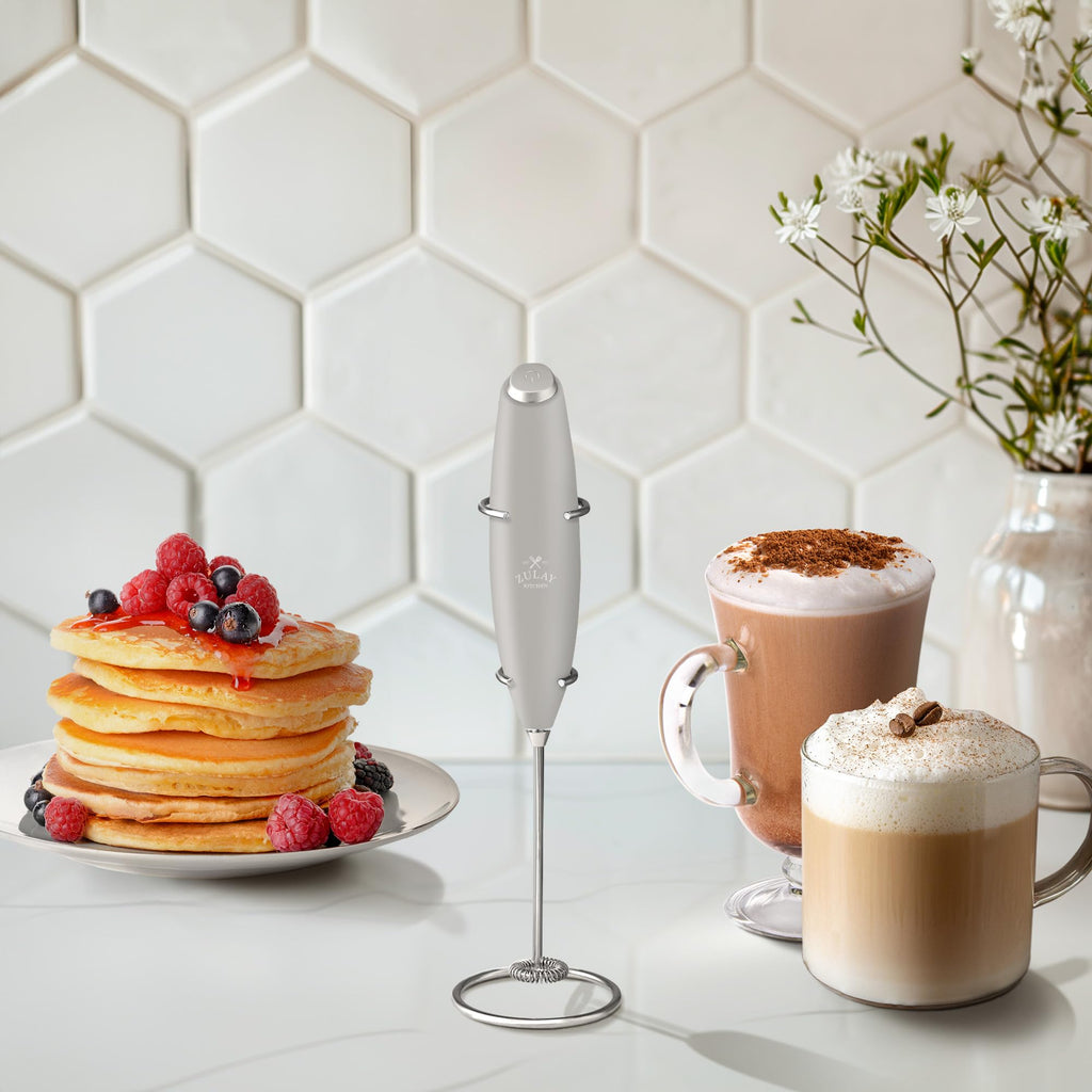 Zulay Kitchen Powerful Milk Frother Wand With Duracell Batteries - Ultra Fast Handheld Drink Mixer - Electric Whisk Foam Maker for Coffee, Lattes, Cappuccino & Matcha - Z1 Motor - Light Gray