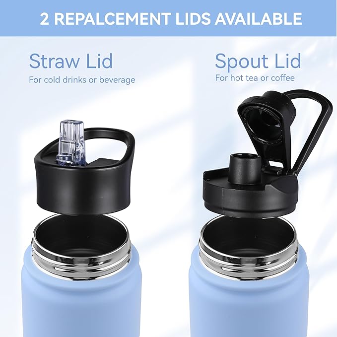HASLE OUTFITTERS Insulated Water Bottle 22 oz Double Wall Stainless Steel Water Bottle Wide Mouth with Straw Lid & Spout Lid Keeps Cold or Hot(Blue,4)