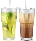 20 Oz Glass Cups with Lid and Straw 2 Set, Glass Tumbler with Straw and Lid, Vintage Glassware for Whiskey Cocktail Beer, Iced Coffee Cups with Lid (2 PACK)
