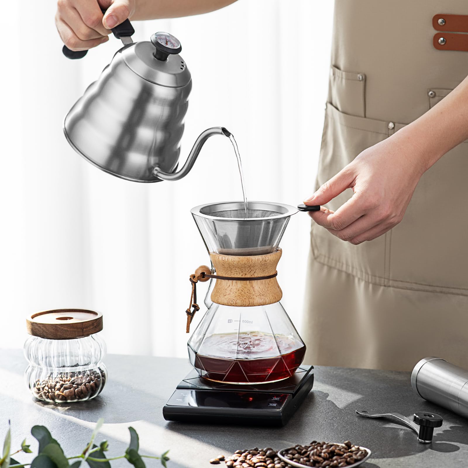 shoxil Pour Over Coffee Maker Set – 40oz Gooseneck Kettle with Thermometer, Coffee Grinder & 20oz Drip Coffee Maker – Stainless Steel Pour Over Coffee Set