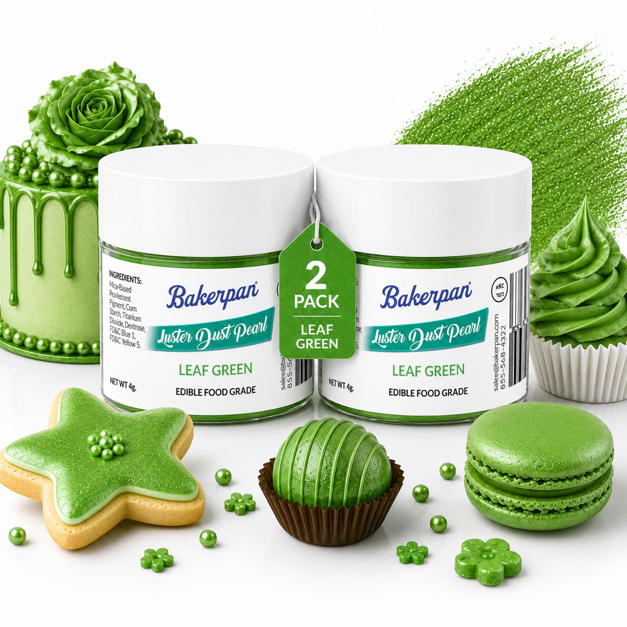 Bakerpan Pearl Luster Dust Edible, Leaf Green Edible Glitter for Cocktails, Set of 2-4 Grams Glitter for Cake Decorating, Cookies, Chocolates and Candies, Drinks (Made in USA)