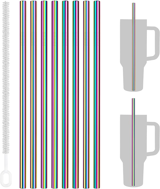 Tomorotec 8PCS Stainless Steel Straws for Stanley Tumbler 40oz, 12" Metal Straws for Stanley Cup with Brush, Reusable Drinking Straws for Smoothies, Milkshakes, Dishwasher Safe & BPA-Free (Iridescent)