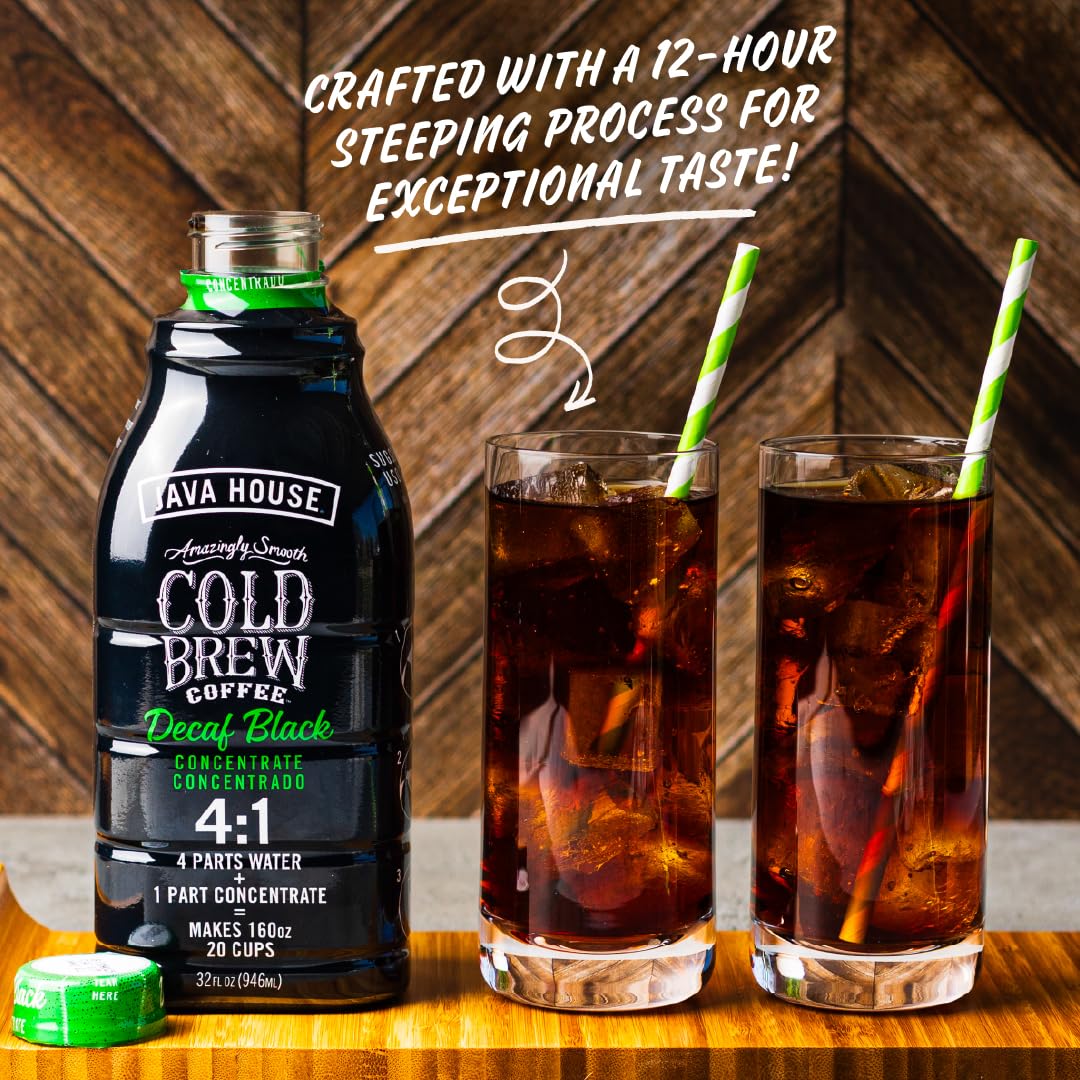 JAVA HOUSE Cold Brew Coffee, Decaf Colombian 4:1 Liquid Concentrate, 32 Ounce Bottle