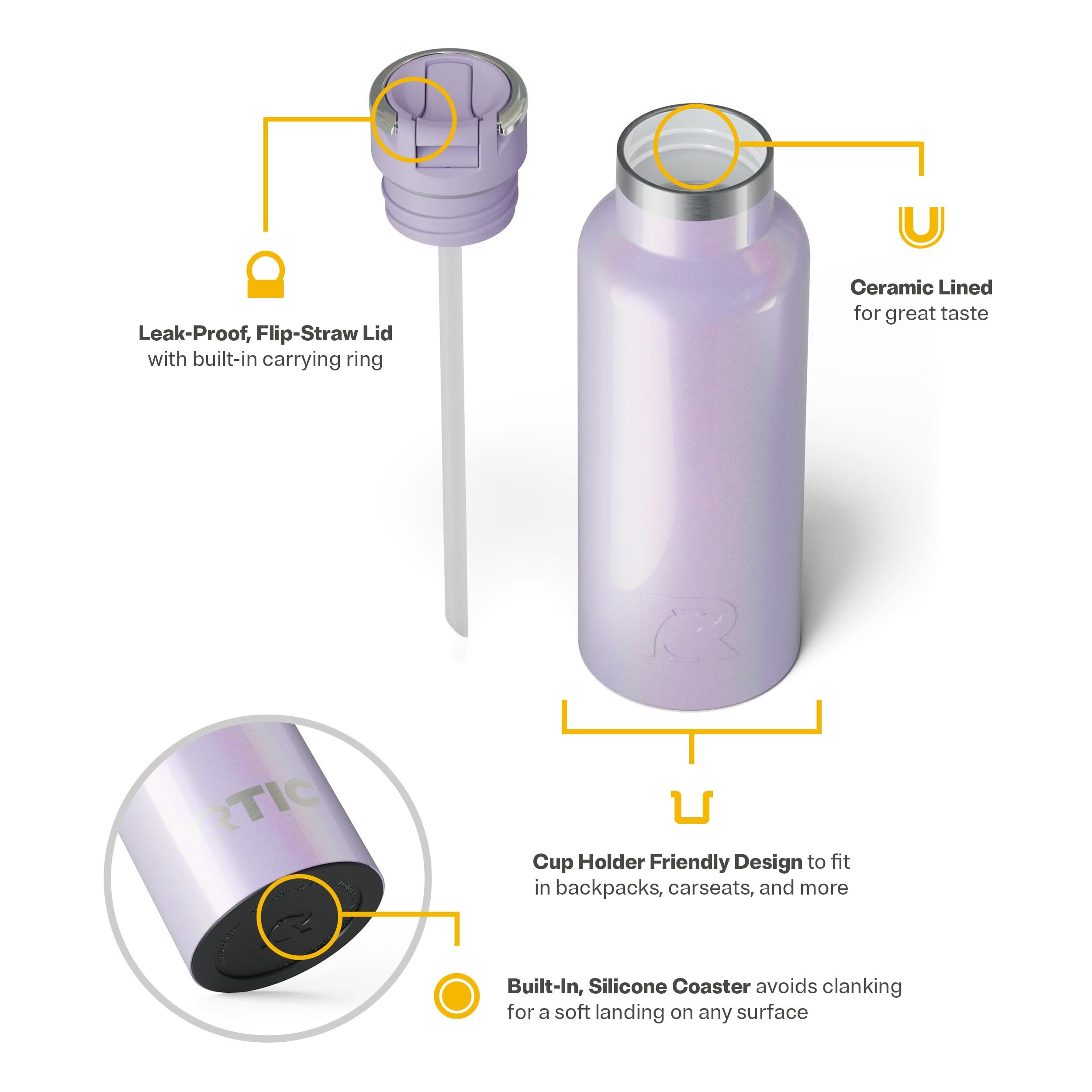 RTIC 16oz Journey Water Bottle Ceramic Lined Metal Stainless Steel Vacuum Insulated, BPA Free, Reusable, for Water, Hot and Cold Drinks, Travel, Sports, Camping, Lavender Glitter