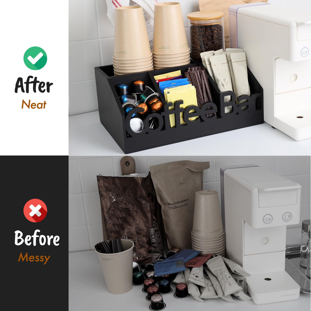 Coffee Bar Organizer Countertop, Wood Tea & Coffee Pod Station Caddy, Black