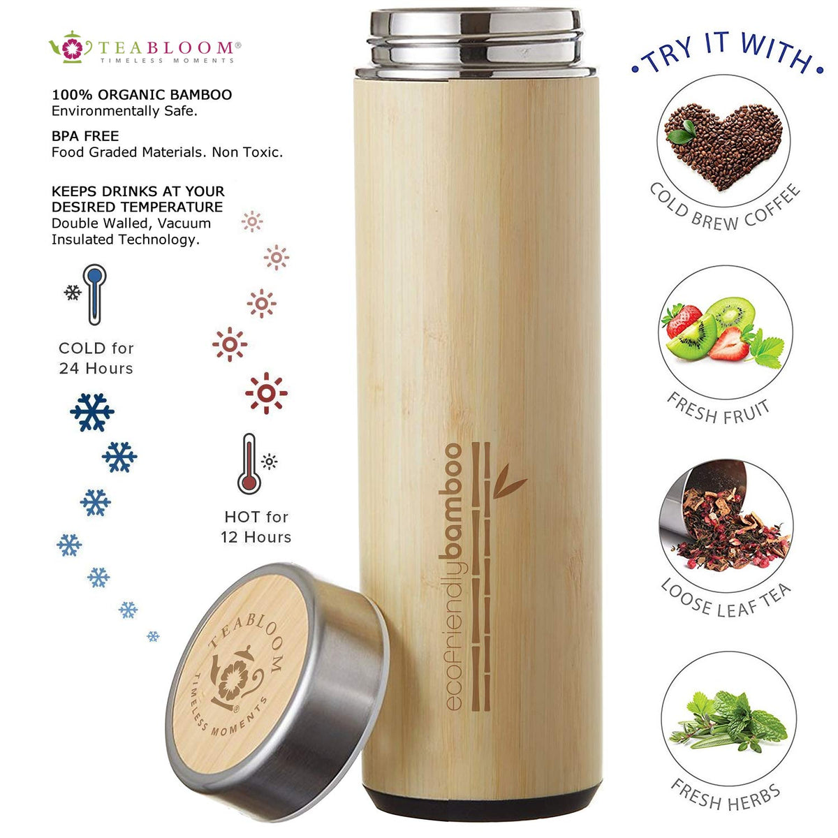 Teabloom All-Beverage Travel Tumbler – Large Capacity 17 oz / 500 ml – Insulated Thermos Mug – Eco-Friendly Bamboo – Hot and Cold Tea Infuser – Cold-Brew Coffee – Fruit-Infused Water – The Naturalist