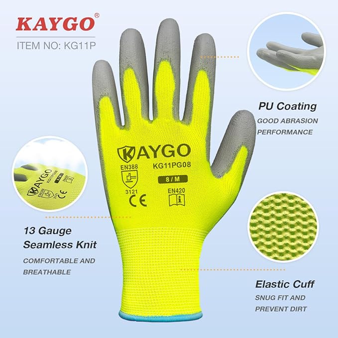 KAYGO Safety Work Gloves PU Coated-12 Pairs, KG11PB, Seamless Knit Glove with Polyurethane Coated Smooth Grip on Palm&Fingers, for Men and Women, Ideal for General Duty Work (Small, Green)