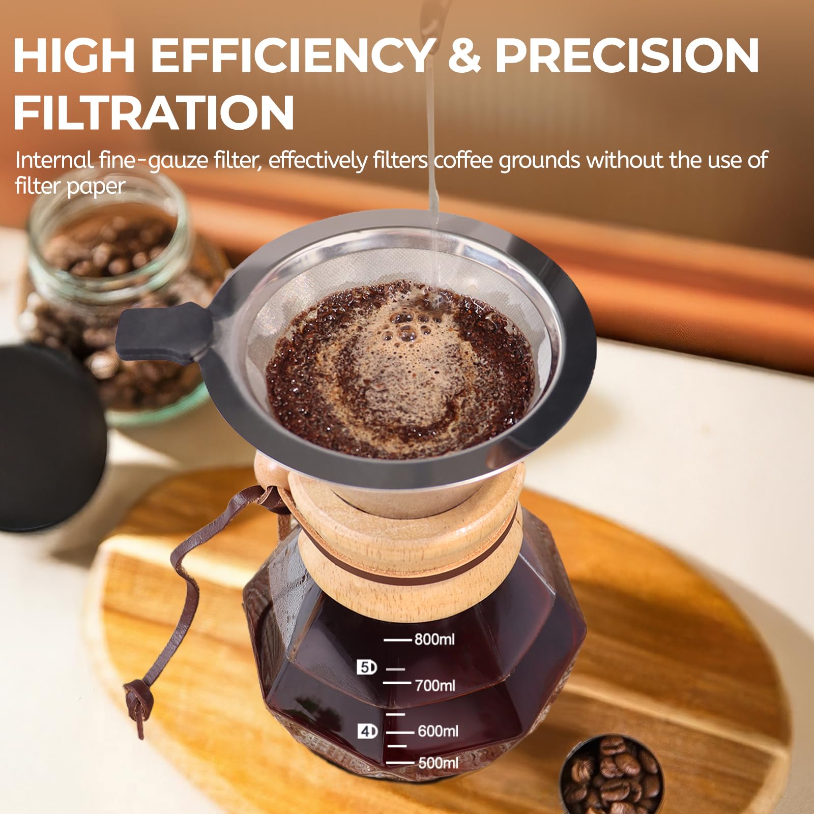 Mogrecha Pour Over Coffee Maker 800ml with 304 Stainless Steel Filter Wooden Collar Holder Borosilicate Glass Drip Coffeemaker Server Set Clear Hand Brew Dripper Carafe for Home Camping Travel 27oz