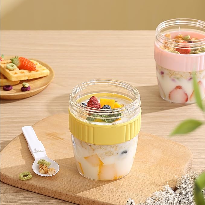 Breakfast On The Go Cups, Overnight Oats Containers With Lid And Folding Spoon, Take And Go Yogurt Cereal Snack Parfait Salad Containers For Lunch, Fruit & Vegetable Jar, 20 oz(Pink)