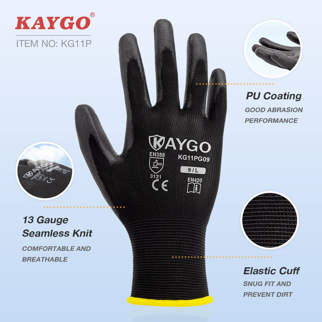KAYGO Safety Work Gloves for Men Women, PU Coated Palm & Fingers, KG11P
