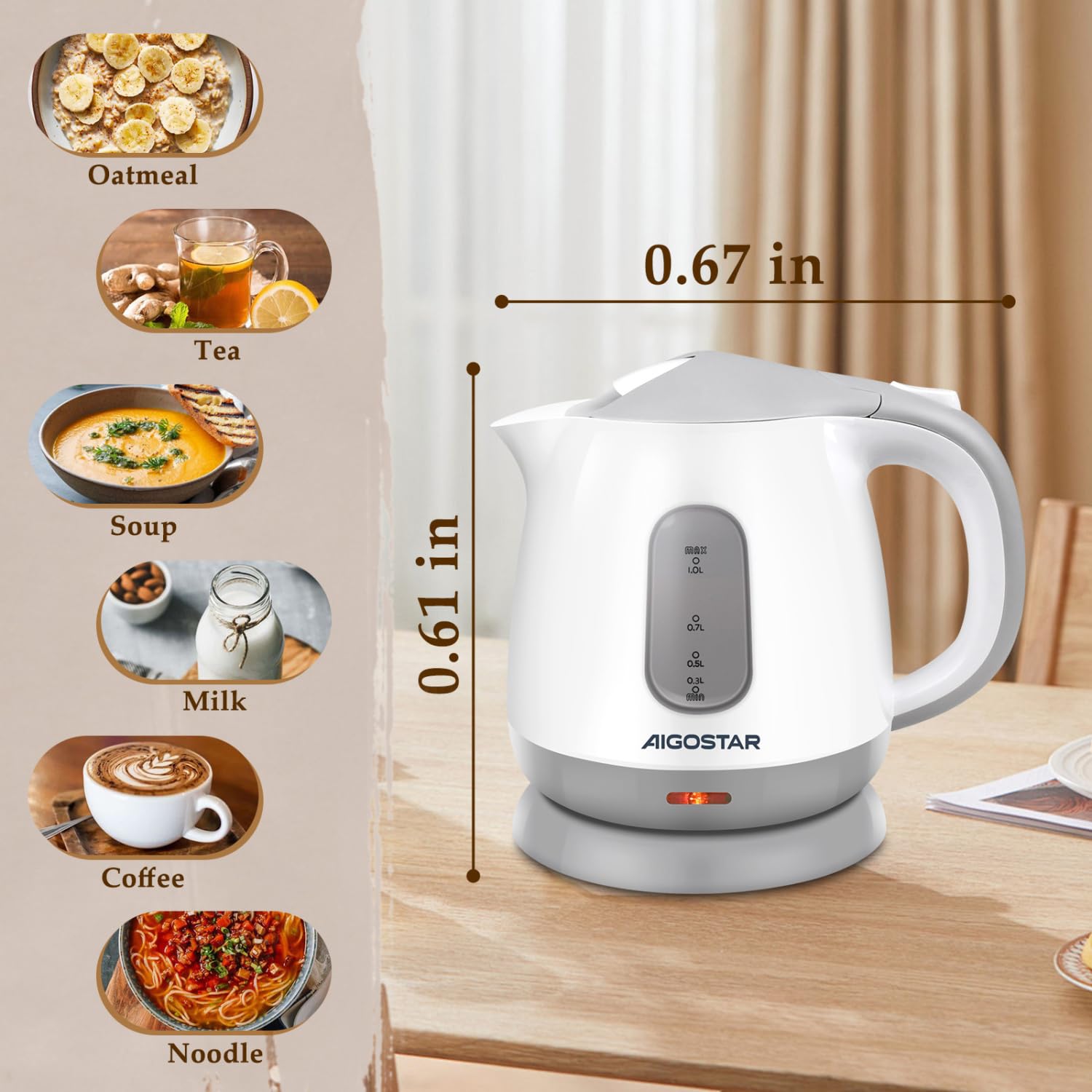Aigostar Small Electric Kettle, 1L Portable Electric Tea Kettle 1100W with Automatic Shut-Off and Boil Dry Protection, Travel Hot Water Boiler Cordless for Making Coffee and Tea, BPA-Free, Grey