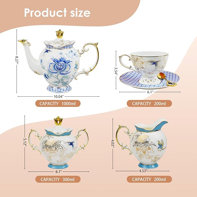 ACMLIFE Tea Set for Adults- Fine China Tea Set for 6, 21-Piece Vintage Coffee Set English Porcelain Tea Pot Sets for Adult Tea Party for Women Gift (blue, Extra Large set 21)