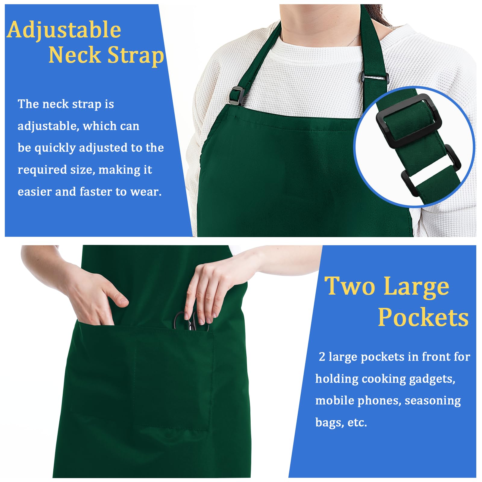 FunChaos 4 Pack Chef Apron, Adjustable Apron with 2 Pockets, Unisex Personalised Apron for Cooking, Kitchen, Restaurant (Green)
