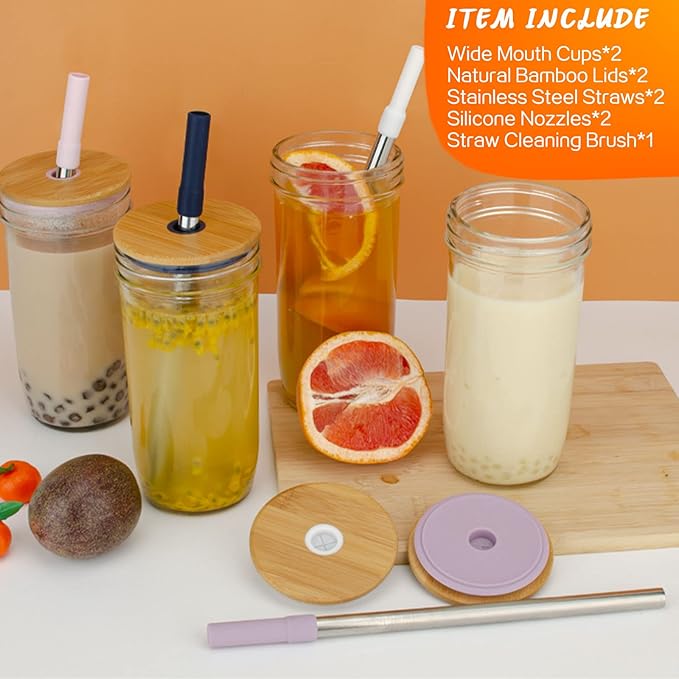 Glass Tumbler with Lids and Straws 2 Pack, 24oz Glass Drinking Jars with Lids and Straws,Reusable Wide Mouth Mason Jar Iced Coffee Cup,Smoothie Cup Coffee Travel Mug for Car/Home-Pink/Coffee