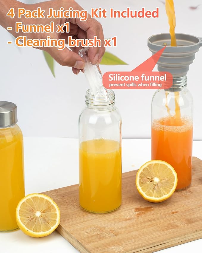 Zukro Glass Water Bottles with Lids 10 oz, Reusable Clear Juice Bottles With Stainless Steel Airtight Cap for Juicing, 100% Leak Proof Juice Drinking Jar for Ginger and Milk, BPA Free
