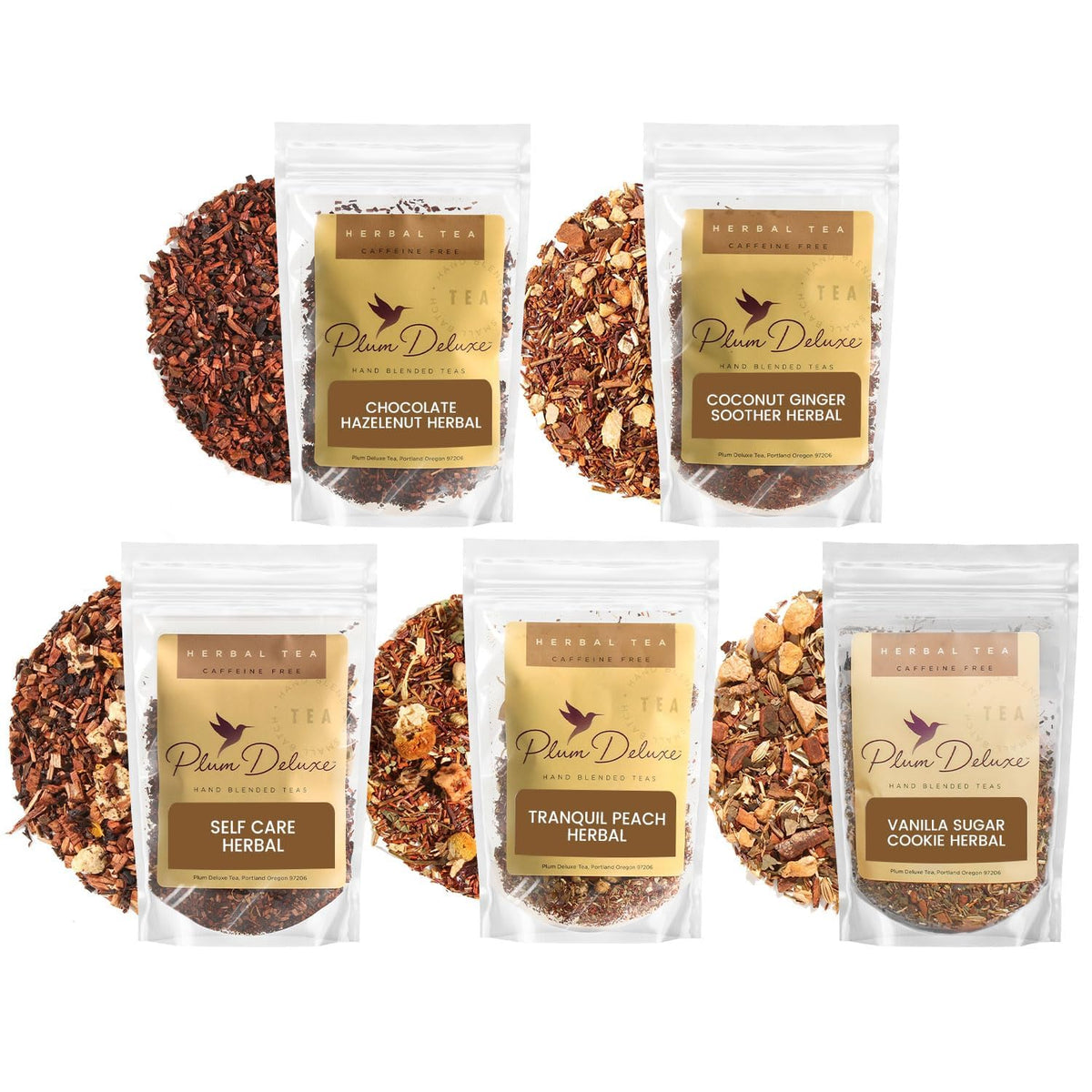 Herbal Tea Sampler – 5 Caffeine-Free Loose Leaf Blends for Sleep and Relaxation, Fruity and Dessert-Inspired Flavors, 75 to 100 Cups – Handcrafted in USA – Plum Deluxe