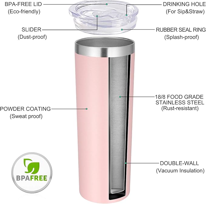 VEGOND Stainless Steel Tumblers Bulk 6 Pack, 20 oz Vacuum Insulated Skinny Tumblers with Lid and Straw, Double Wall Coffee Mug, Travel Water Cup, Light Pink
